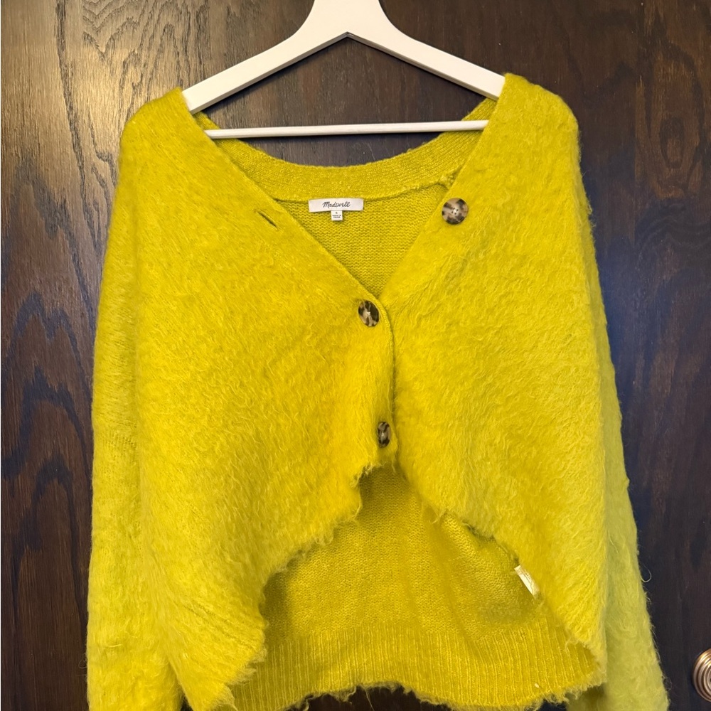 Madewell Neon Yellow Fuzzy Cropped Cardigan with Tortoiseshell Buttons